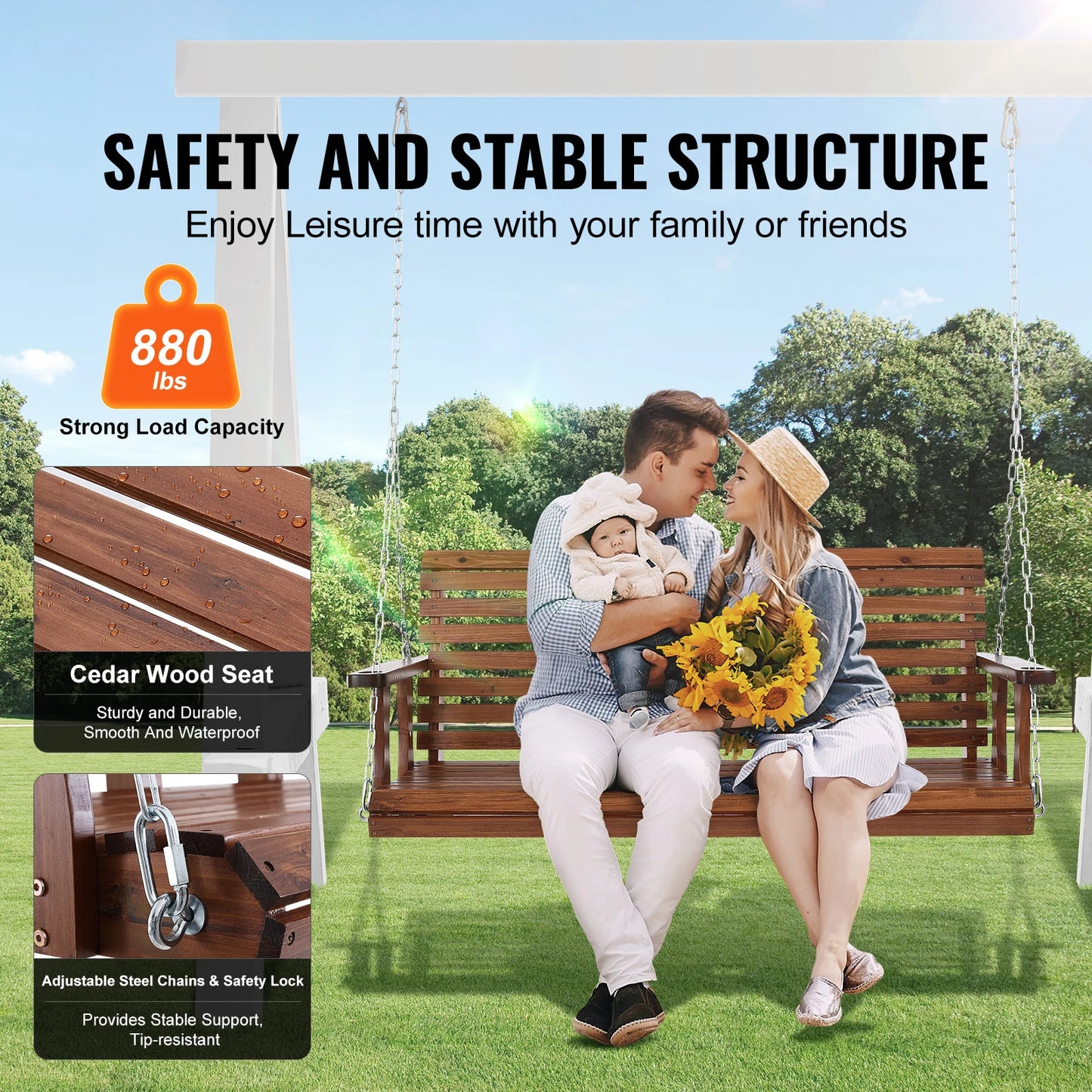 Wooden Porch Swing 5 ft Patio bench swing for Courtyard Garden Upgraded 880 lbs Strong Load Capacity Swing Chair Bench