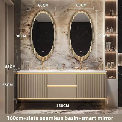 Luxury Bathroom Vanity Cabinets Set Modern Slate Single Double Basin Nordic Oak Storage Bathroom Drawer Slab Sink Mirror Cabinet