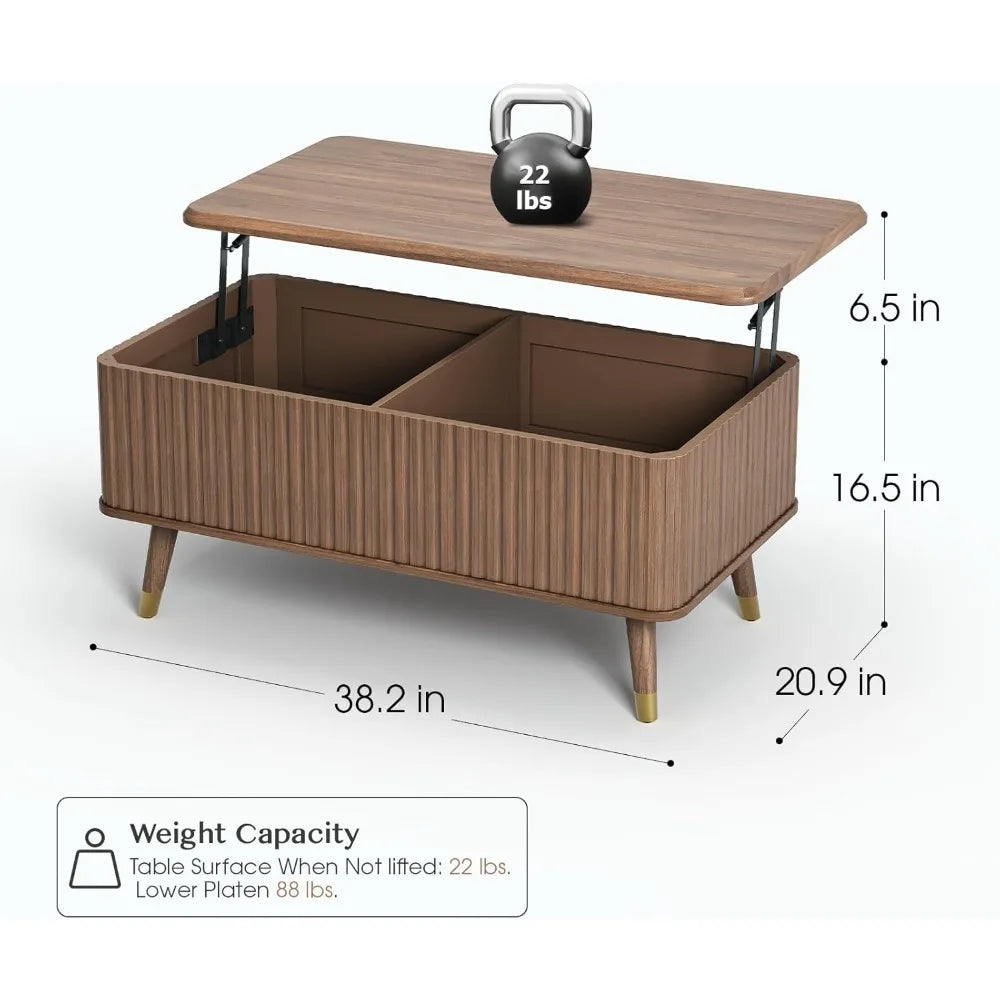 Lift Top Coffee Table with Storage,Mid Century Modern Coffee Table,Fluted Wood Rectangle Center Table for Living Room,Office