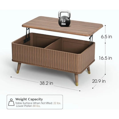 Lift Top Coffee Table with Storage,Mid Century Modern Coffee Table,Fluted Wood Rectangle Center Table for Living Room,Office