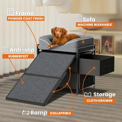 Dog Window Perch with Sofa for Dog&Cat，Dog Window Seat for Home Elevated Pet Bed，Indoor Pet Perch with Anti-Slip Ramp and Storag