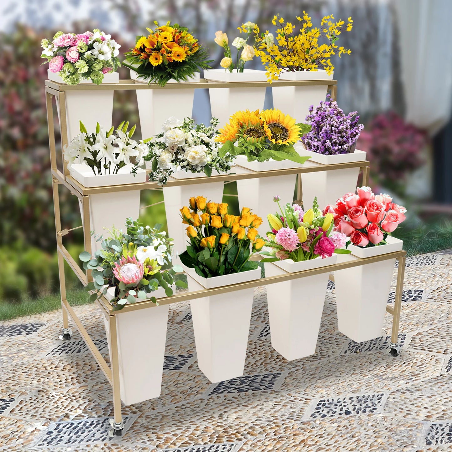 3 Layers White Flower Display Stand Heavy Duty Metal Plant Cart Shelf with 12 Buckets & Wheel for Home Patio Garden Florist