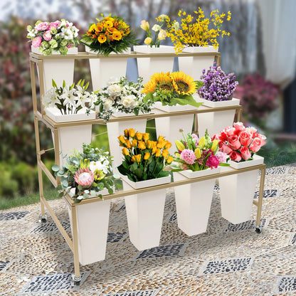 3 Layers White Flower Display Stand Heavy Duty Metal Plant Cart Shelf with 12 Buckets & Wheel for Home Patio Garden Florist