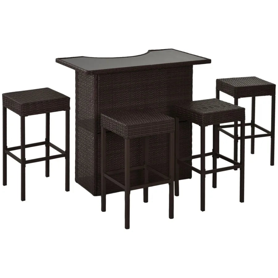 5Piece Rattan Wicker Bar Set with Glass Top Table 2 Tier Storage Shelf and 4 Bar Stools for Outdoor Patio Garden Brown