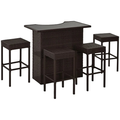 5Piece Rattan Wicker Bar Set with Glass Top Table 2 Tier Storage Shelf and 4 Bar Stools for Outdoor Patio Garden Brown