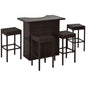 5Piece Rattan Wicker Bar Set with Glass Top Table 2 Tier Storage Shelf and 4 Bar Stools for Outdoor Patio Garden Brown
