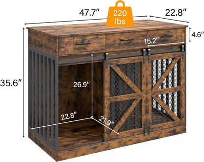 48 Inch Large Dog Crate Furniture with 3 Storage Drawers, Wooden Pet Kennel with Removable Divider