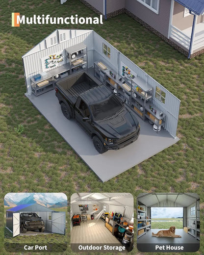 12x20 FT Metal Carport, Enclosed Car Port with Reinforced Frame and Steel Roof for All-Weather Use, Metal Garage Shed for Full-S