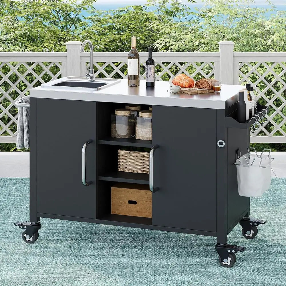 55.5" Outdoor Kitchen Island, Metal Grill Cart Table with 304 StainlSteel Sink, Outdoor Bar Cart Sink Station with 4 Lockable Wh