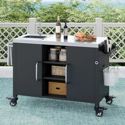 55.5" Outdoor Kitchen Island, Metal Grill Cart Table with 304 StainlSteel Sink, Outdoor Bar Cart Sink Station with 4 Lockable Wh