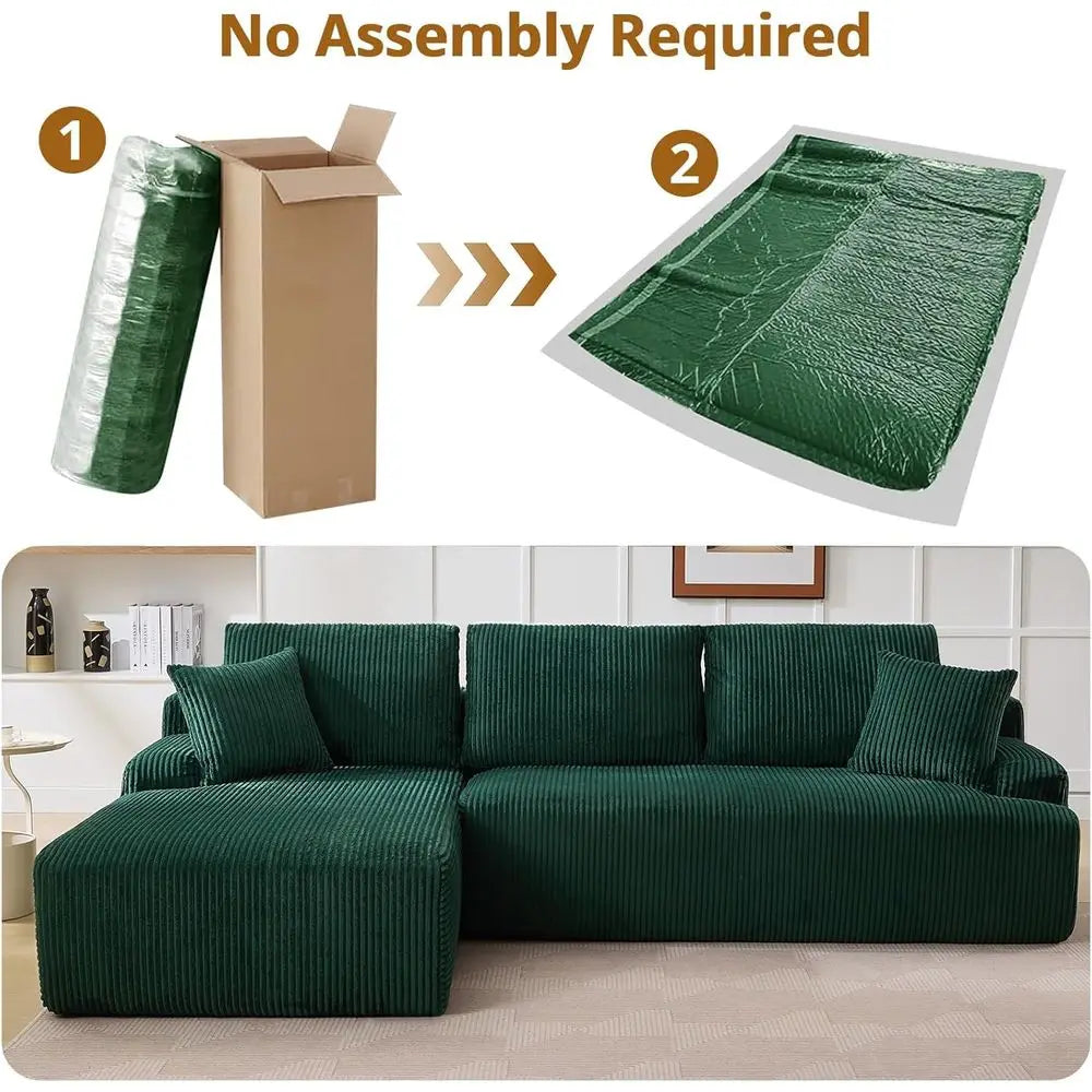 96 Comfortable Sectional Sofa with Sleeper, No Assembly Needed, Corduroy Fabric, Deep Seating Loveseat + Chaise Lounge for Livin