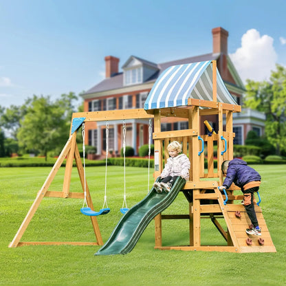 Wooden Swing Set with Dual Swings Slide Rock Climbing Wall Chalkboard Telescope Fort for Backyard Fun for Kids