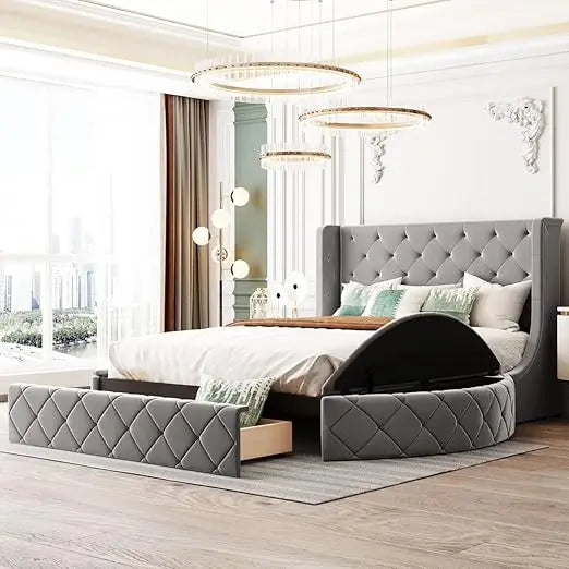 3-Piece Bedroom Set,Queen Size Velvet Upholstered Platform Round Bed and 1 Drawer,2 Side Storage Stool,with Wingback Headboard-G
