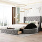 3-Piece Bedroom Set,Queen Size Velvet Upholstered Platform Round Bed and 1 Drawer,2 Side Storage Stool,with Wingback Headboard-G
