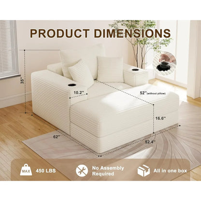 Chaise Lounge Chair Indoor, Fluffy Corduroy Upholstered Boneless Couch, Convertible Sleeper Sofa Bed