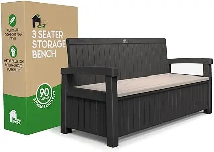 3 Seat Outdoor Storage Bench - 90 Gallon Capacity - Weatherproof Resin Bench for Patio, Porch, Garden, Yard, Pool Area