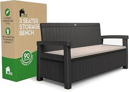 3 Seat Outdoor Storage Bench - 90 Gallon Capacity - Weatherproof Resin Bench for Patio, Porch, Garden, Yard, Pool Area