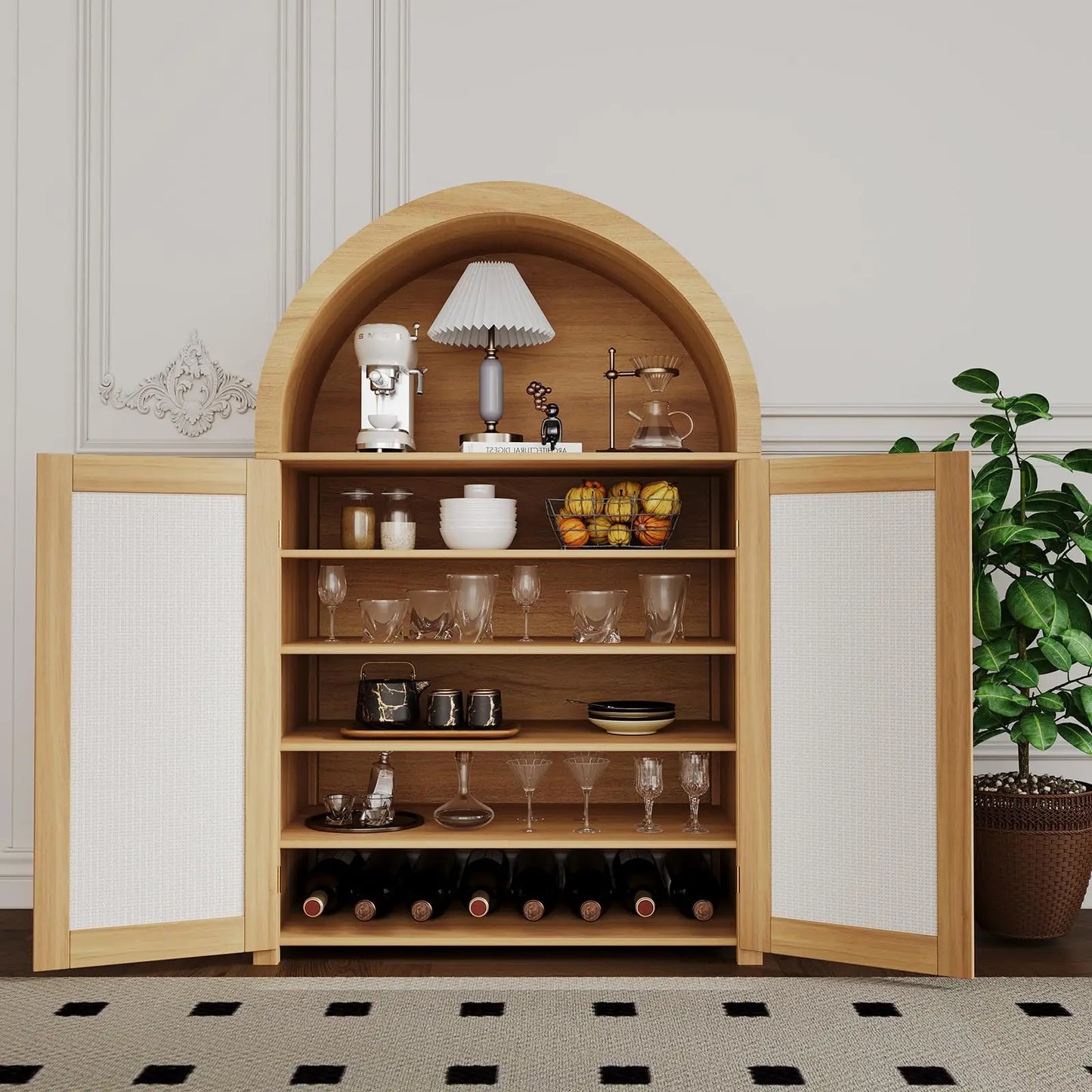 47'' Modern Arched Sideboard Buffet Cabinet with Storage Freestanding Small Kitchen Pantry Cabinet with Rattan Doors for Living