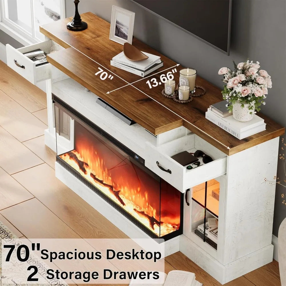 Fireplace TV Stand with 40" Electric Fireplace for 80" TV, 70" Entertainment Center with Adjustable Storage Cabinets
