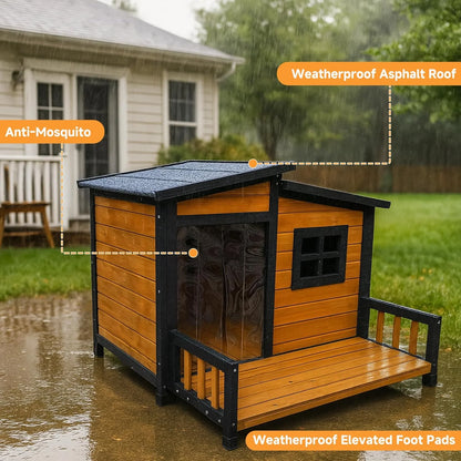 Large Indoor Outdoor Dog House,Wood Insulated Dog House,Weatherproof Outside Shelter with Elevated Floor,Easy to Assemble