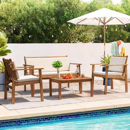 Outdoor Patio Furniture, 4 Piece Bistro Sofa Set with Coffee Table and Loveseat, Acacia Wood Conversation Sets with Cushions