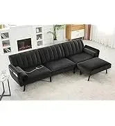Sleeper Sofa Pullout Bed for Living Room.L Shaped Couch with Storage Chaise.USB.Cup Holder (Dark G