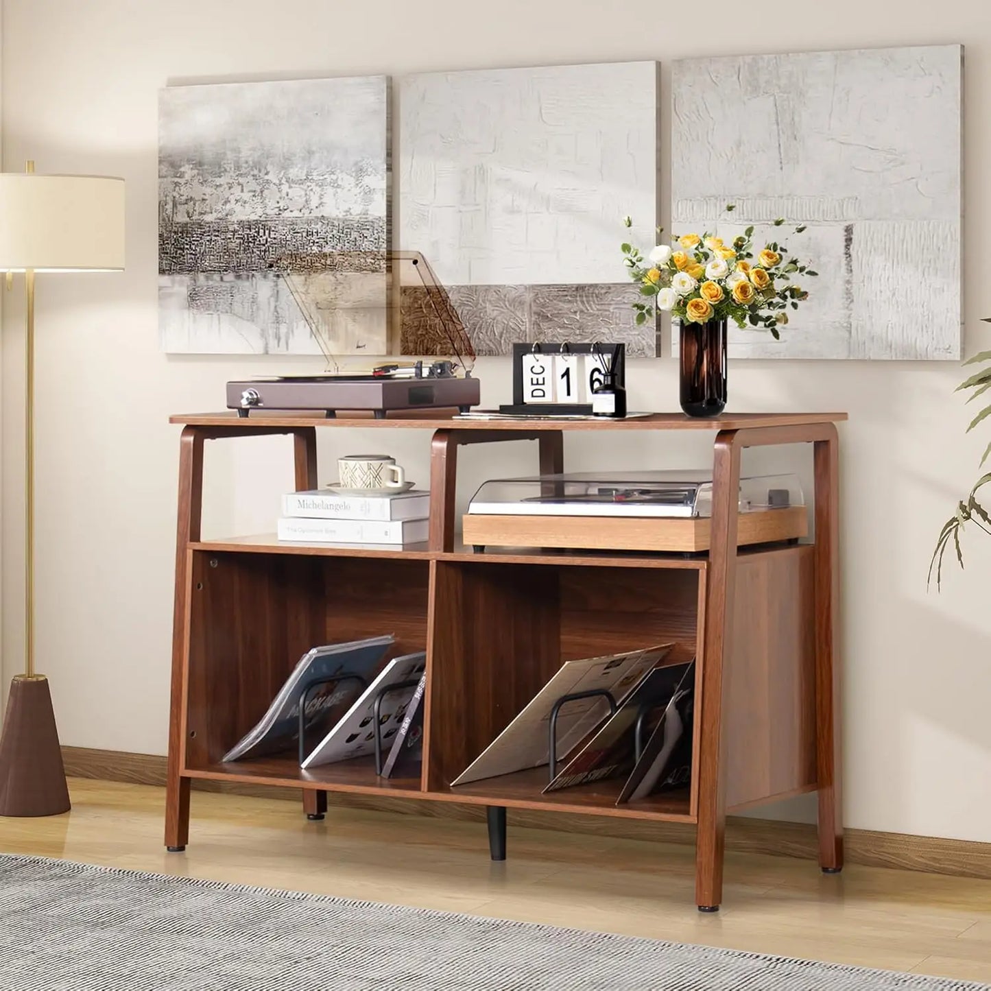 Mid Century Turntable Stand Table with Open Storage Holds up to 300 Albums, Vinyl Record Storage Display Shelf for Living Room