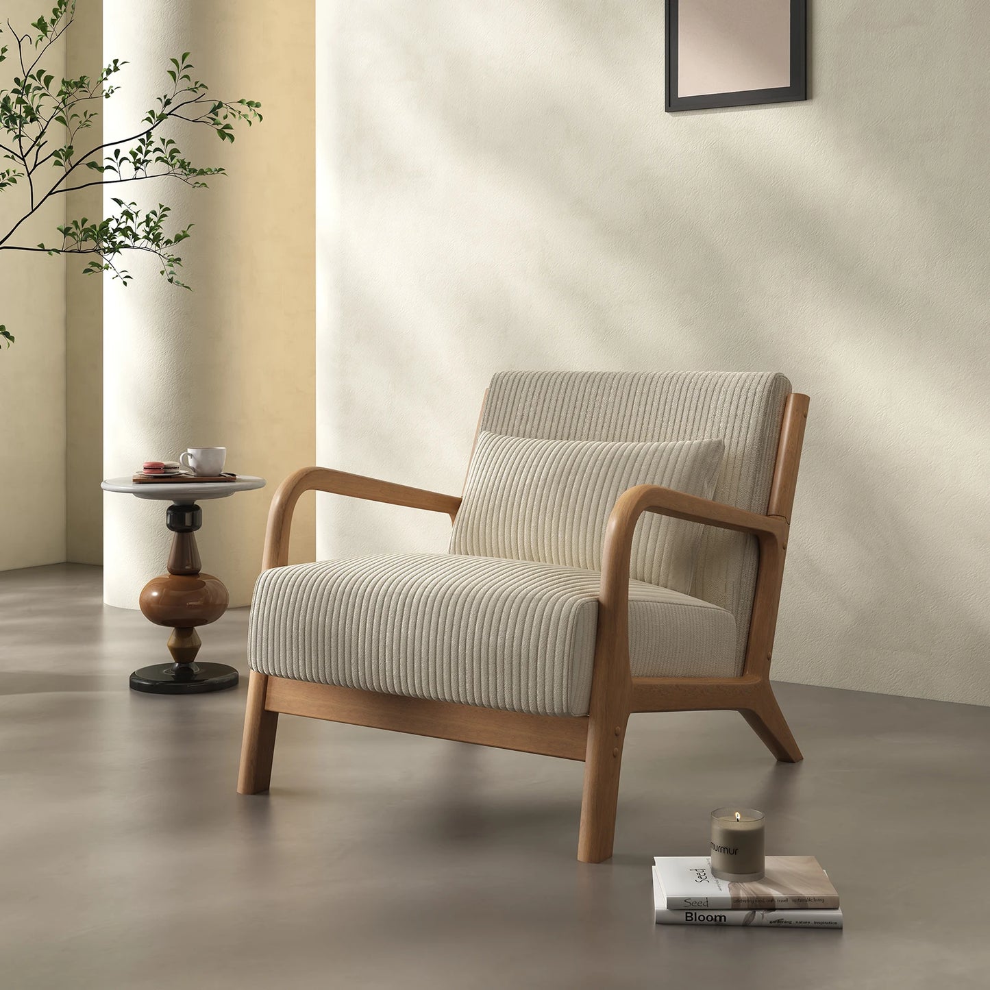 Mid Century Modern Accent Chair, Comfy Fabric Reading Chair with Solid Wood Frame, Easy Assembly Armchair for Living Room ，Bedro