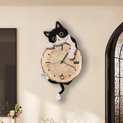 Cartoon Cat Wall Clock Creative Cat Tail Swing Wall Clock Quartz Mute Wall Clock Home Decoration Living Room Bedroom Decoration