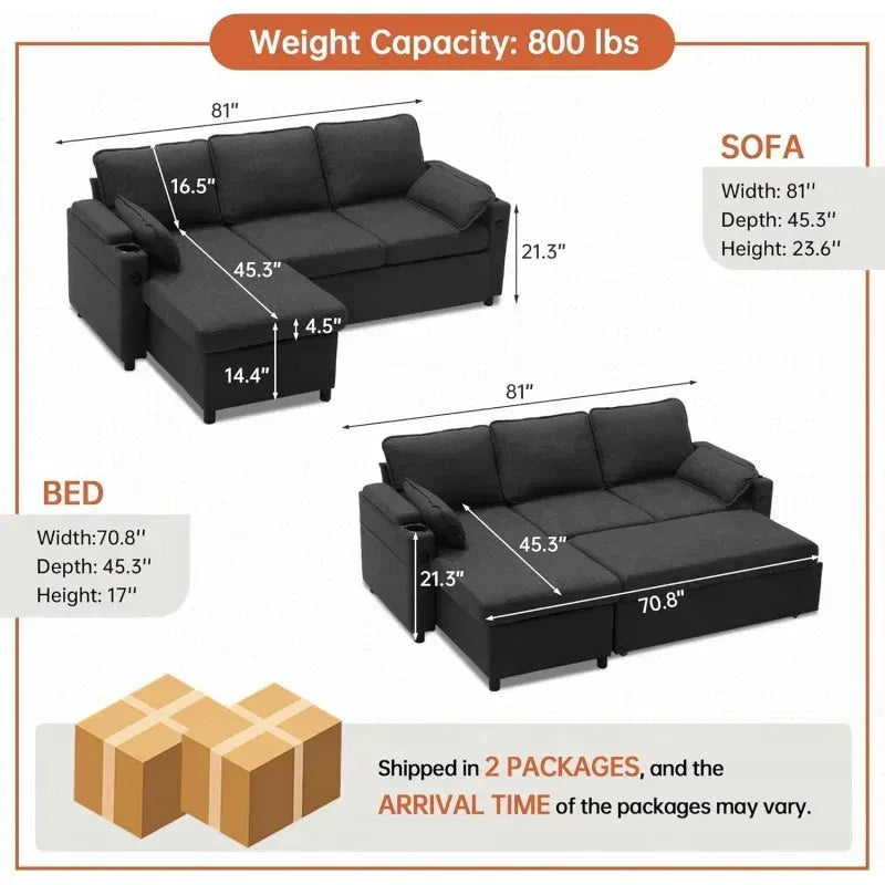 Sleeper Sofa Pullout Bed for Living Room.L Shaped Couch with Storage Chaise.USB.Cup Holder (Dark G