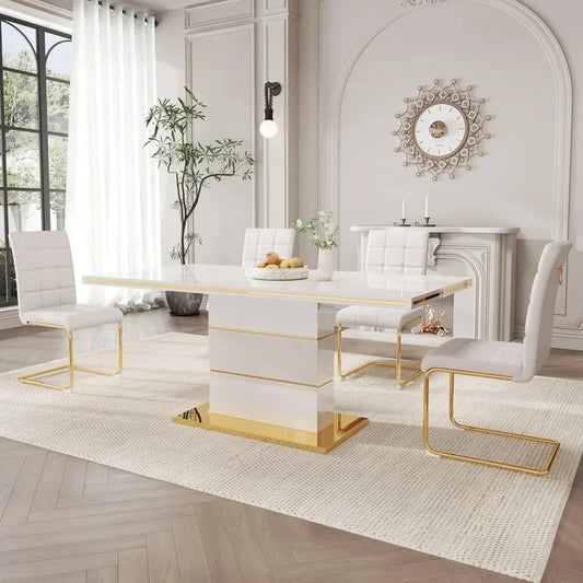 Modern 5-Piece Dining Set with 63" White Gloss Table and 4 PU Leather Chairs for Kitchen and Dining Room