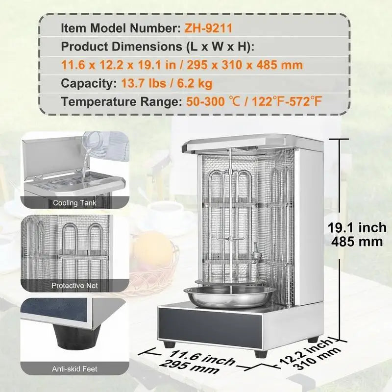 Vertical Broiler Gyro Rotisserie Oven 13lbs Capacity For Home Commercial Kitchen Party, 2 Burners 122℉-572℉ Temperature Control Meat Roaster Machine Doner Kebab Cooker