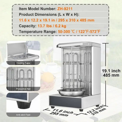 Vertical Broiler Gyro Rotisserie Oven 13lbs Capacity For Home Commercial Kitchen Party, 2 Burners 122℉-572℉ Temperature Control Meat Roaster Machine Doner Kebab Cooker