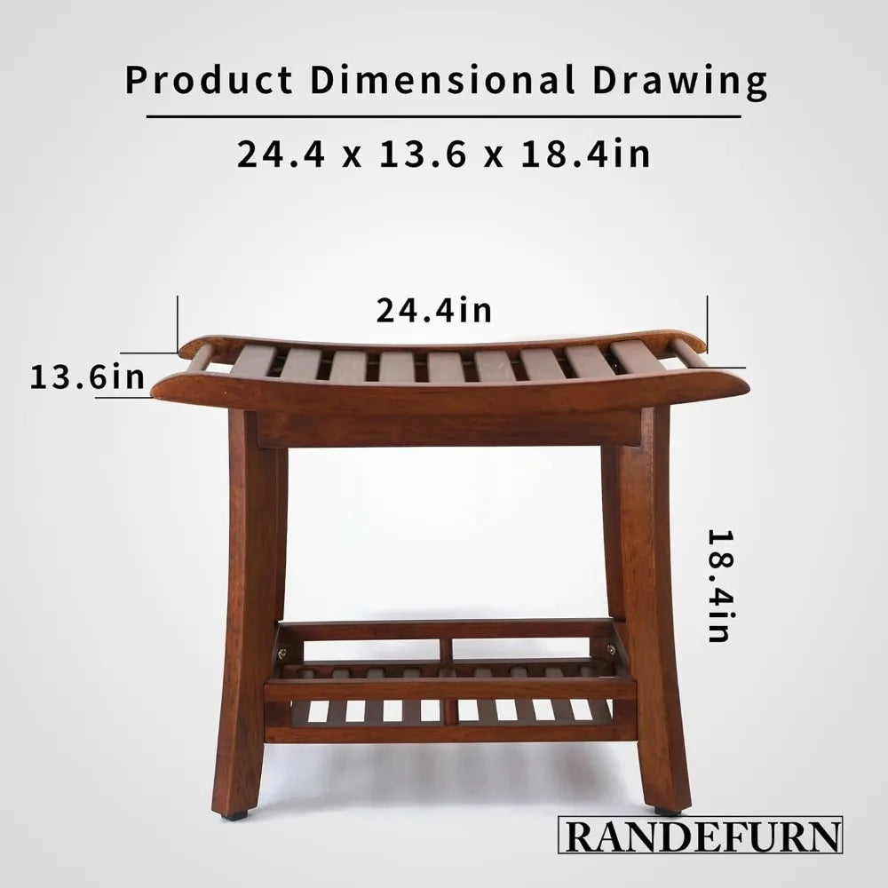 24“ teak shower bench with shelf, teak wood shower stool, waterproof wood shower chair