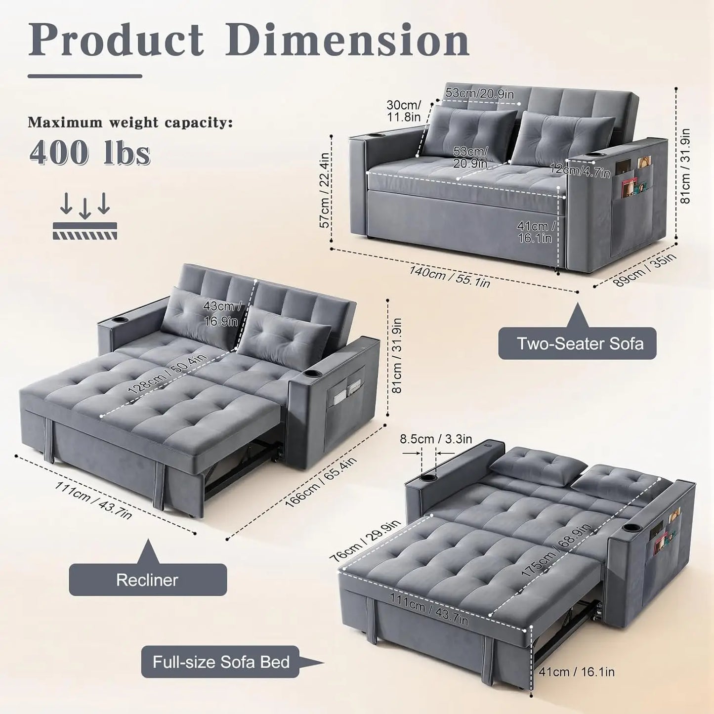 Pull Out Couch Bed, 3-in-1 Velvet Convertible Loveseat Sleeper Sofa for Small Space (Light Gray) | Adjustable, Customized