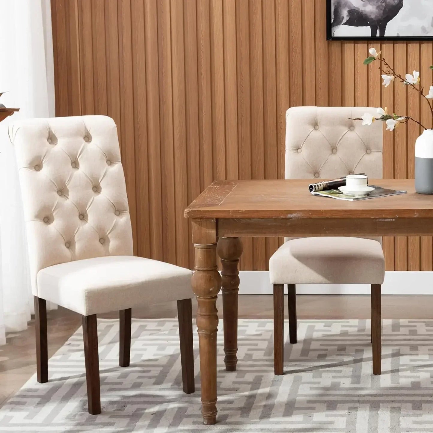 Tufted Dining Room Chairs Set of 2, Accent Parsons Diner Chairs Upholstered Fabric  - Beige