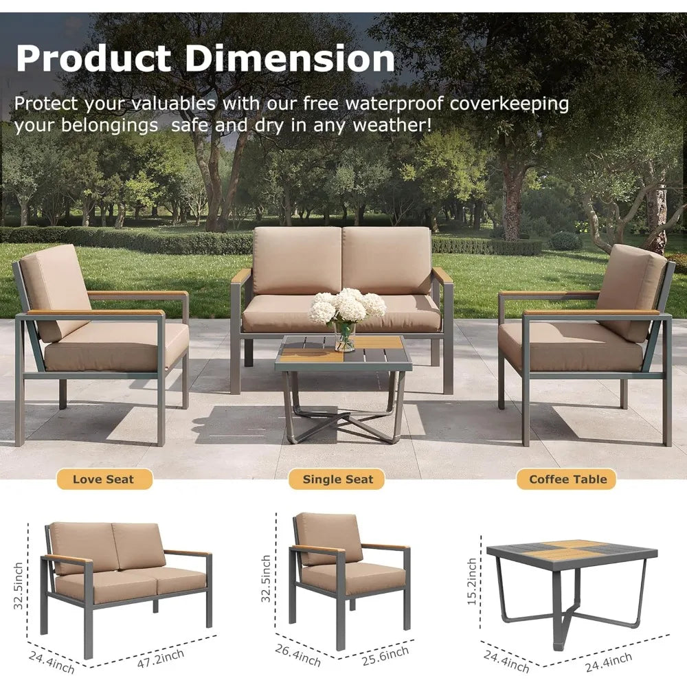 4-Piece Outdoor Patio Furniture Set, Metal Conversation Set with Cushions & Wood-Like Armrests, Modern Patio Sectional