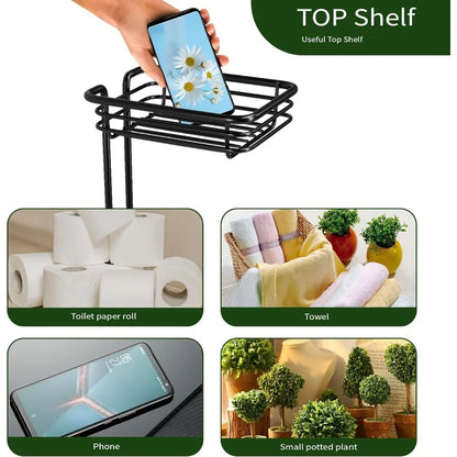 Free standing matte black toilet paper holder with integrated paper roll storage for bathroom organization compact design holds