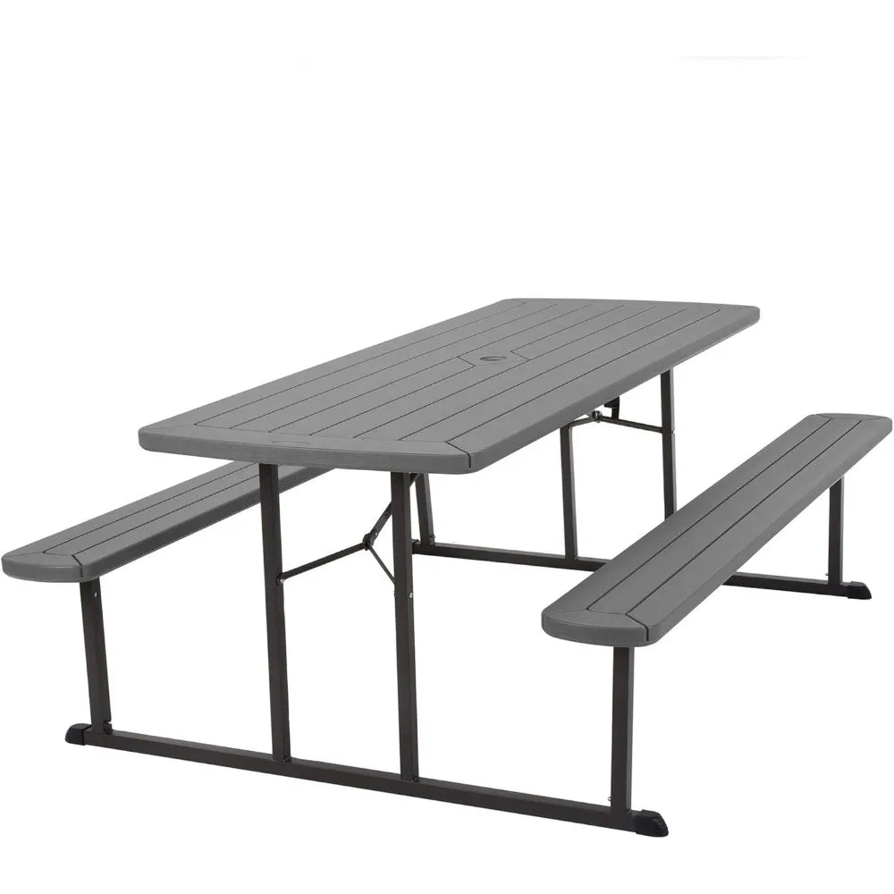 Outdoor 6 ft. Folding Picnic Table, Dark Gray Wood Grain Resin with Gray Steel Legs