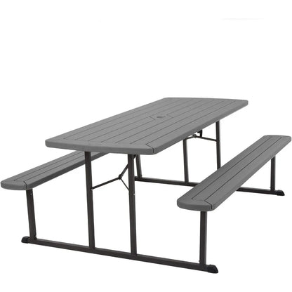 Outdoor 6 ft. Folding Picnic Table, Dark Gray Wood Grain Resin with Gray Steel Legs