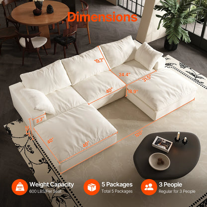 Comfy Cloud Couch 120'' Modern Sectional Sofa for Living Room Down Filled Couch with Ottoman U Shaped 5 Seater Convertible Sofa