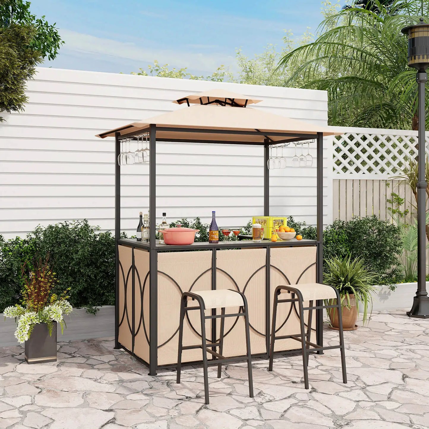 3 PCS Patio Bar Set with Tempered Glass Bar Table Metal Storage Shelves 3-