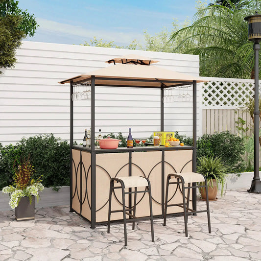 3 PCS Patio Bar Set with Tempered Glass Bar Table Metal Storage Shelves 3-