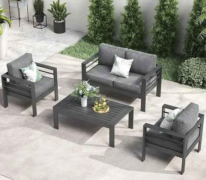 RPD4-QLayinSun Aluminum Furniture with Fire Pit Table. 5 Pieces Patio Sectional Conversation Chat Sofa Modern Seating Set