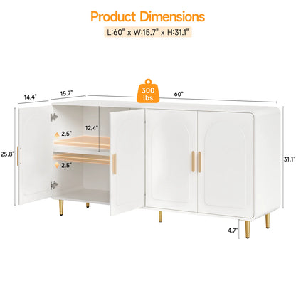 60" Sideboard Buffet Cabinet with Storage, Curved Design Cabinet with 4 Doors & Adjustable Shelves Modern Console Table
