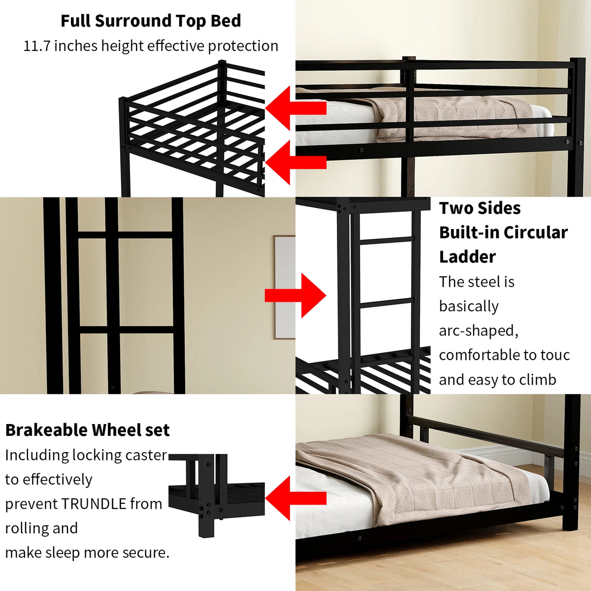 Heavy Duty Twin Bunk Bed Frame with 3-Step Ladder, Low Profile Metal Bed 54" Height, Space Saving Bunkbed with Guardrails, 400 LBS Capacity, Black