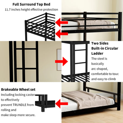 Heavy Duty Twin Bunk Bed Frame with 3-Step Ladder, Low Profile Metal Bed 54" Height, Space Saving Bunkbed with Guardrails, 400 LBS Capacity, Black