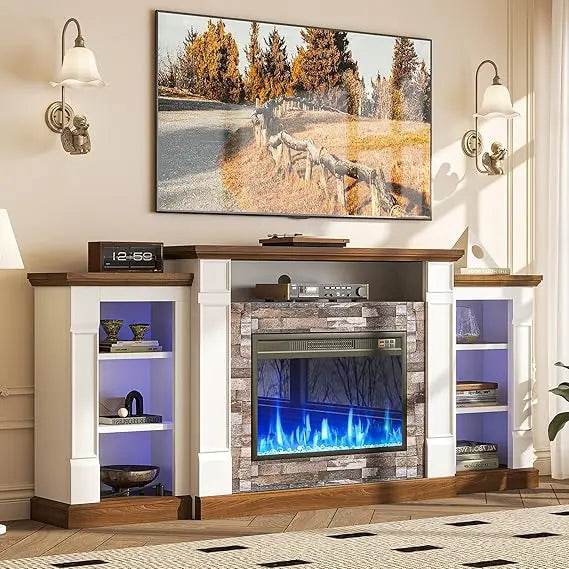 Modern 70" TV Stand with Electric Fireplace, Mantel, and Open Storage, Remote Control, Adjustable Entertainment Center