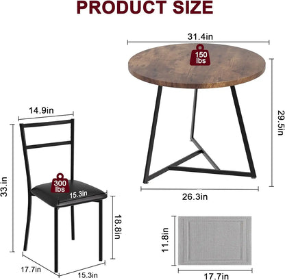 Dining Table Set for 2, Kitchen Table and Chairs for 2 with Upholstered Chairs, 3 Piece Dining Room Table Set, Round Kitchen