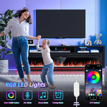 70" Fireplace TV Stand for TVs Up to 80" with 64" Electric Fireplace, TV Console for The Living Room, LED Light Entertainment C